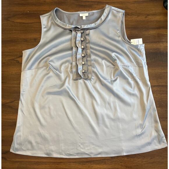 NWT Talbots Women Silver Gray Satin Button Up Frilly Sleeveless Top Sz X Whimsy - Picture 1 of 7